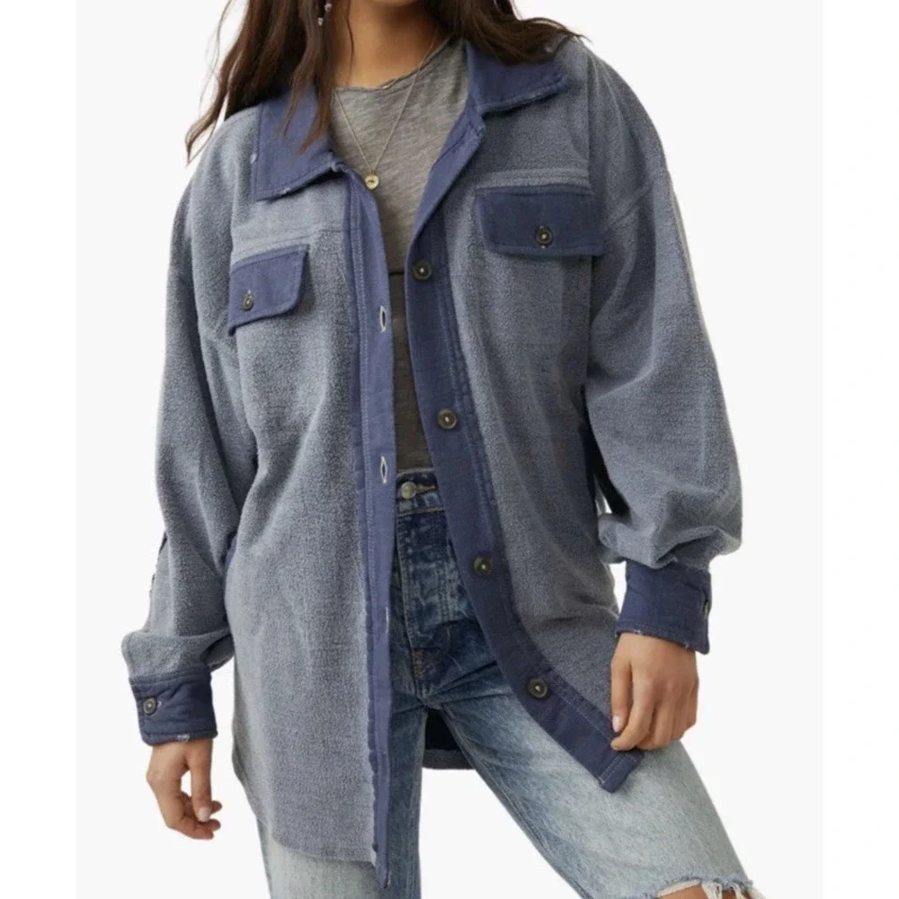 Free People Womens Ruby Jacket Oversized Button Front Fleece Size L Shacket Boho
